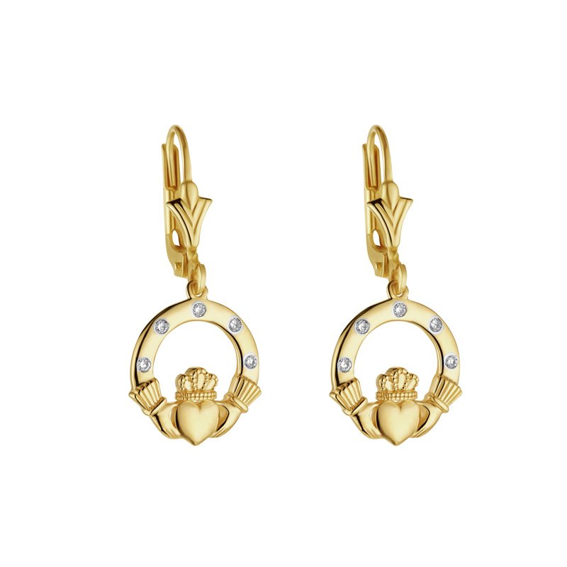 Pendientes colgantes Claddagh de oro de 14k con diamantes engastados al ras