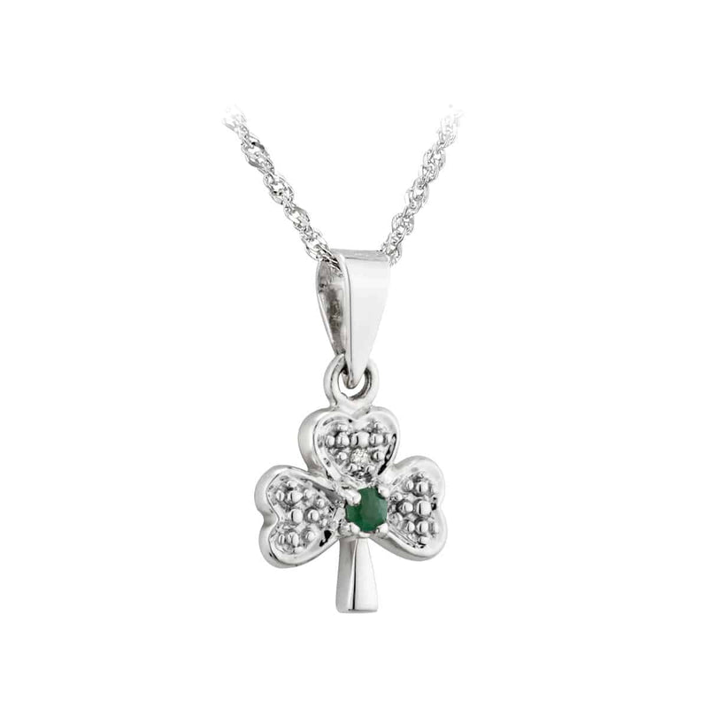 14K White Gold Diamond & Emerald Shamrock Pendant