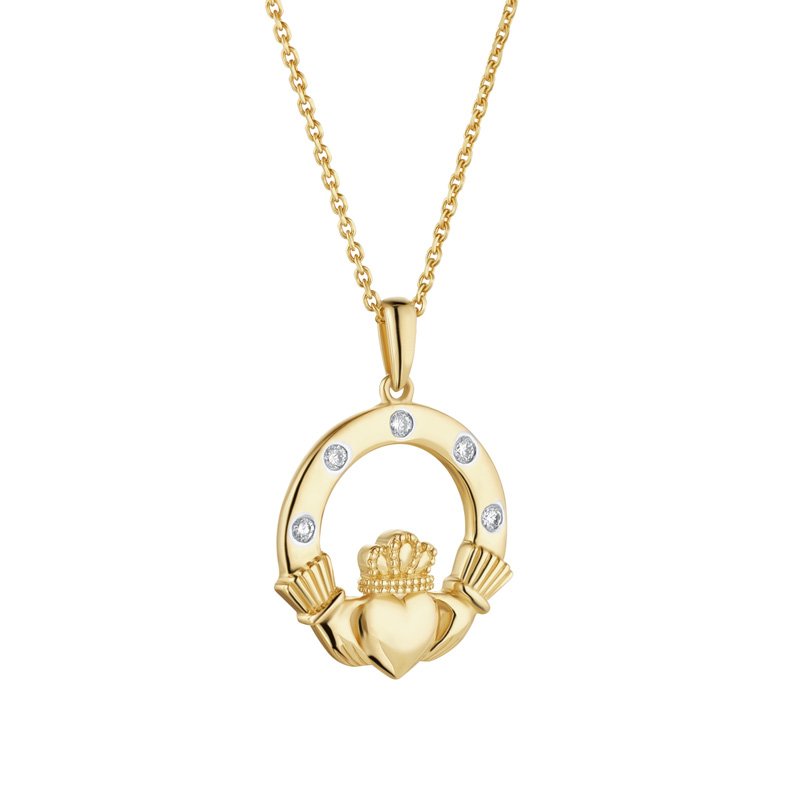 14k Gold Flush Set Diamond Claddagh Necklace