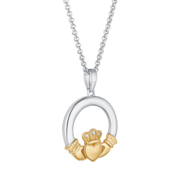 10k Gold And Sterling Silver Diamond Claddagh Necklace
