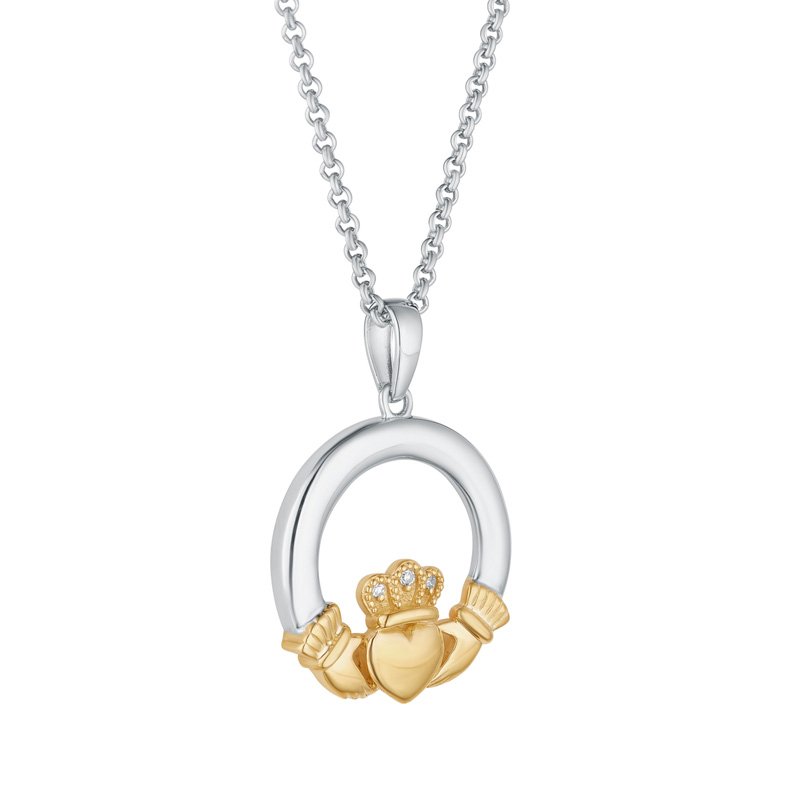 10k Gold And Sterling Silver Diamond Claddagh Necklace