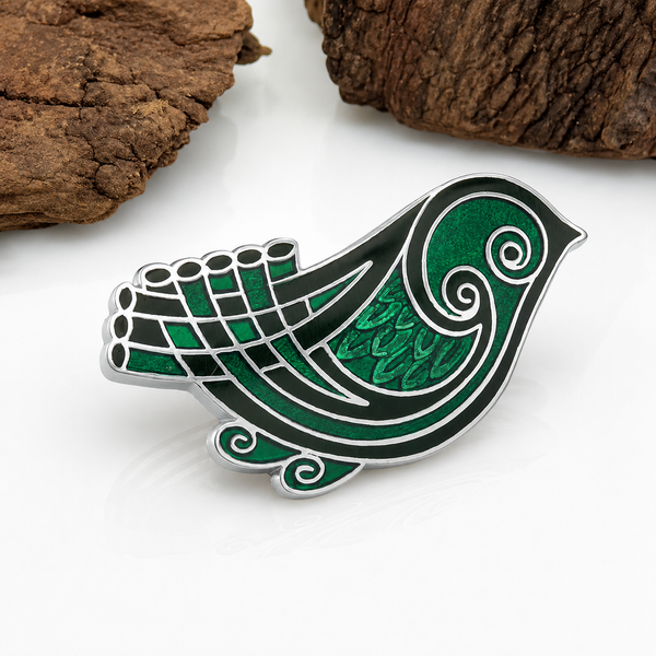 Rhodium Green Enamel Bird Brooch