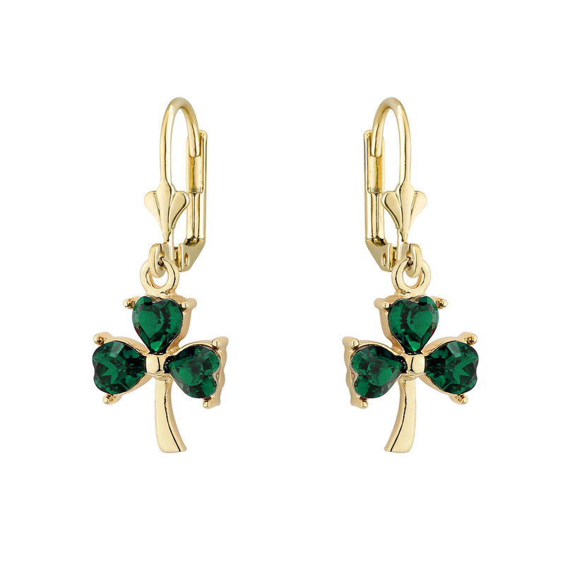 Pendientes colgantes de trébol con cristal verde bañados en oro