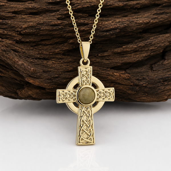 Gold Plated Connemara Marble Cross Pendant Necklace