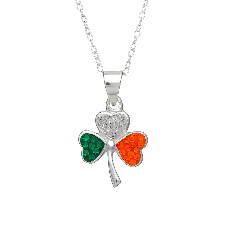 Sterling Silver Shamrock Necklace with Irish Tricolour Stones