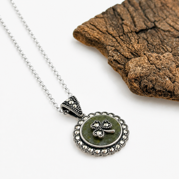 Silver Connemara Marble and Marcasite Shamrock Necklace