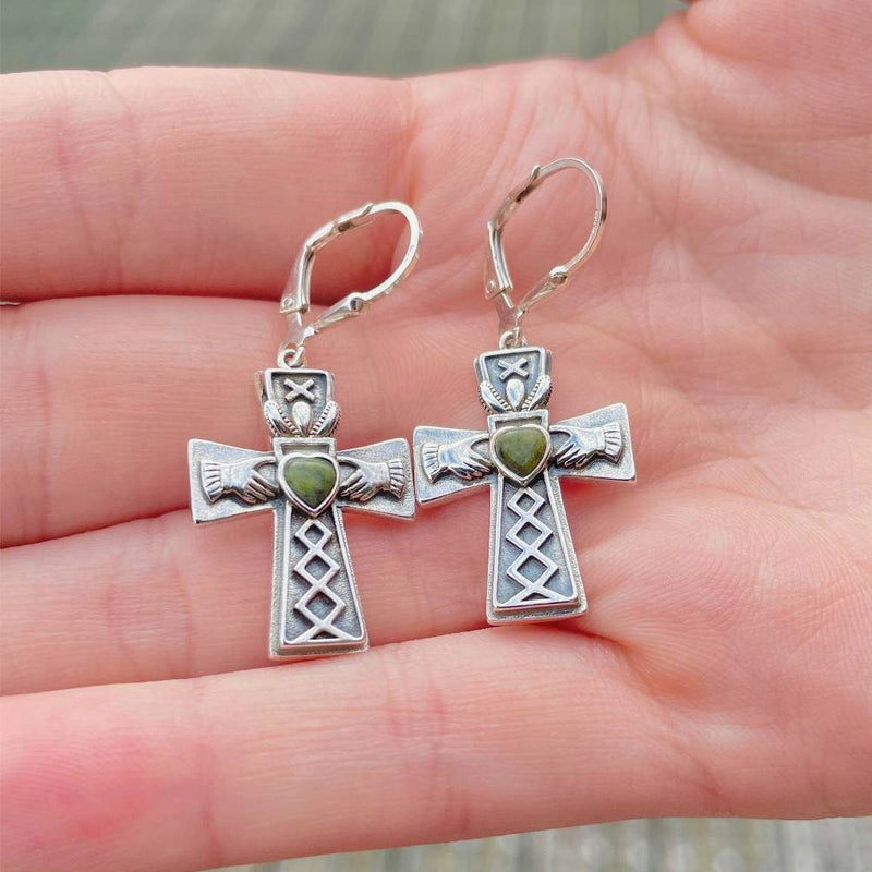 Connemara Marble Claddagh Cross Earrings