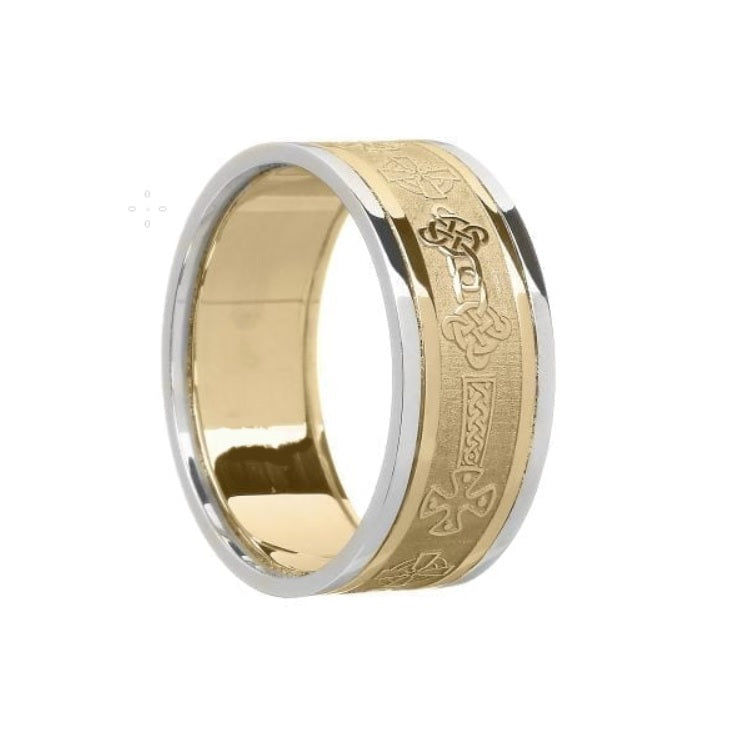 Gents Celtic Cross Gold Wedding Ring with White Trims