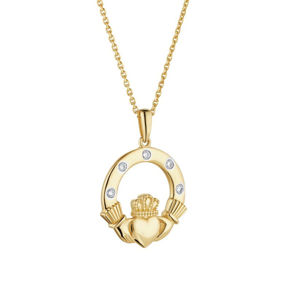 18K GOLD DIA CLADDAGH PENDANT ON 18-INCH CABLE LINK CHAIN 18K GOLD DIA CLADDAGH PENDANT ON 18-INCH CABLE LINK CHAIN
