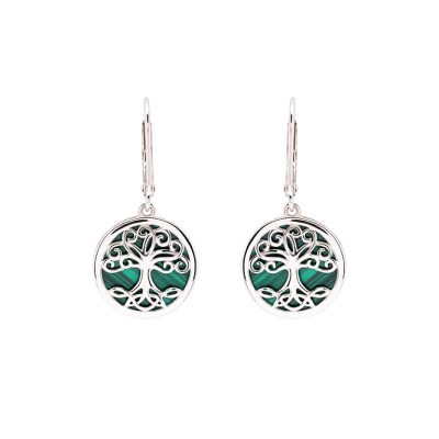 Pendientes colgantes de plata de ley Árbol de la Vida con malaquita verde