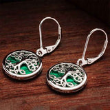 Pendientes colgantes de plata de ley Árbol de la Vida con malaquita verde