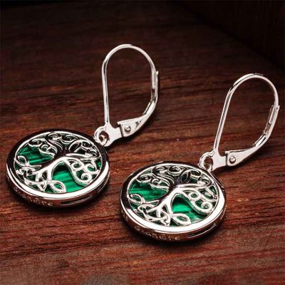 Pendientes colgantes de plata de ley Árbol de la Vida con malaquita verde