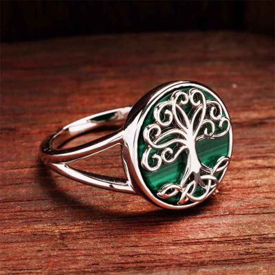 Anillo de Árbol de la Vida de Plata de Ley con Malaquita Verde