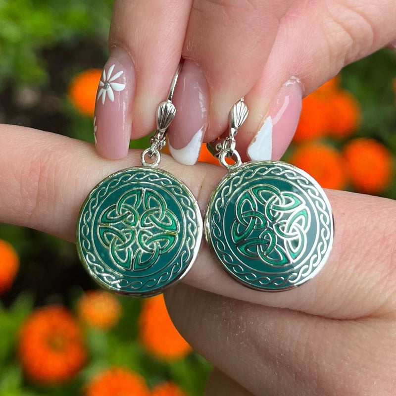 Pendientes Cuatro Nudos de la Trinidad Esmalte Verde Rodio