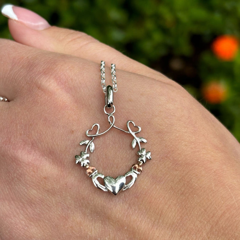 Claddagh Necklace in Sterling Silver with Rose Gold