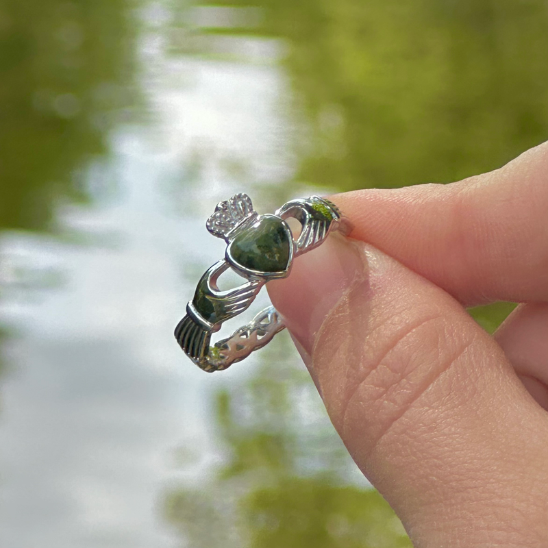 Silver Connemara Marble Claddagh Ring