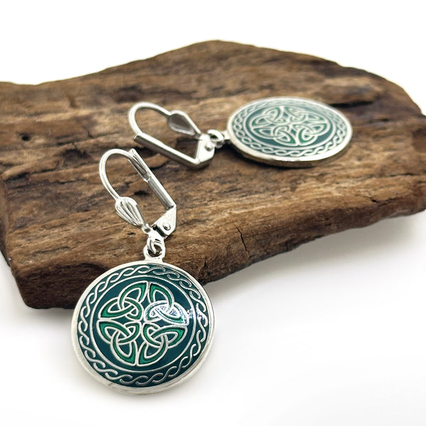 Pendientes Cuatro Nudos de la Trinidad Esmalte Verde Rodio
