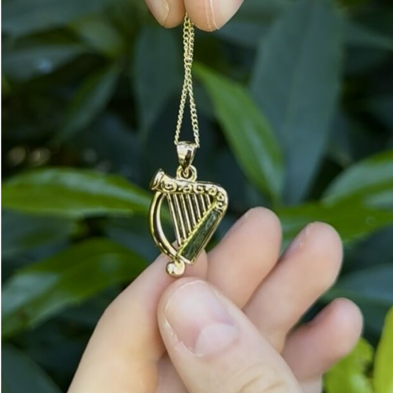 Gold Plated Connemara Marble Harp Pendant Necklace