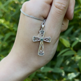 Silver Cross Necklace with Marcasite and Emerald