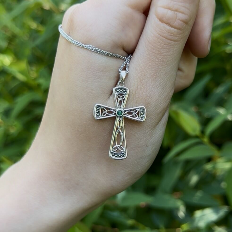 Silver Cross Necklace with Marcasite and Emerald