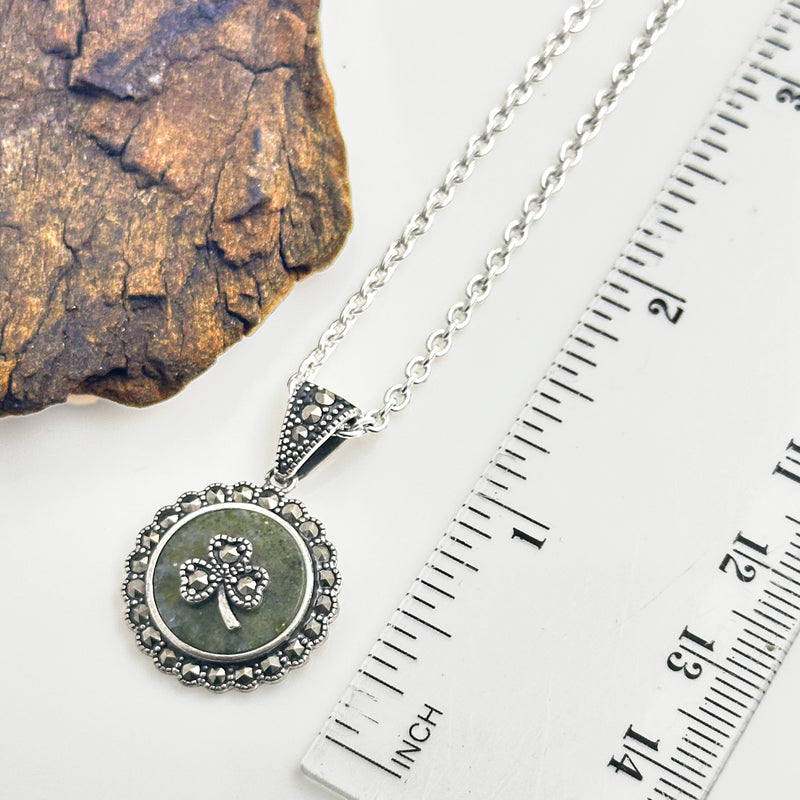 Silver Connemara Marble and Marcasite Shamrock Necklace