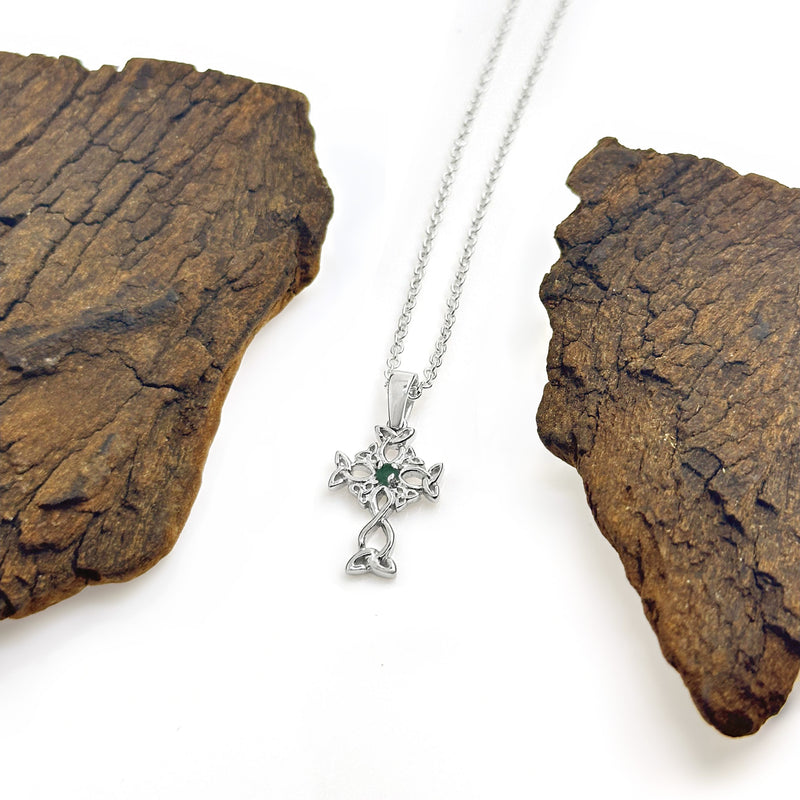 Emerald Centre Silver Celtic Cross