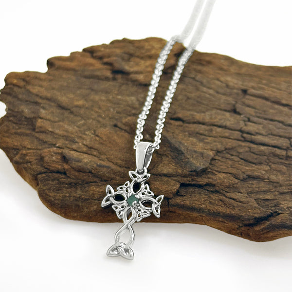 Emerald Centre Silver Celtic Cross