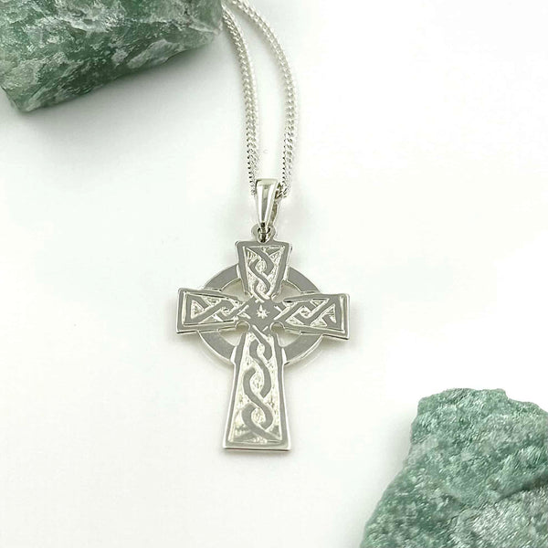 Celtic Cross Necklace in Sterling Silver with Knotwork
