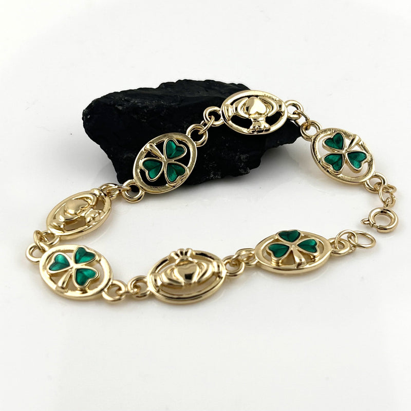 Gold Plated Enamel Shamrock Claddagh Bracelet