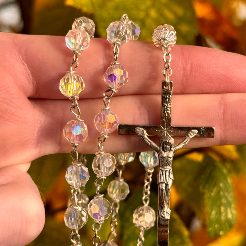 Rosario de cristal con cápsula de tierra santa irlandesa de Knock