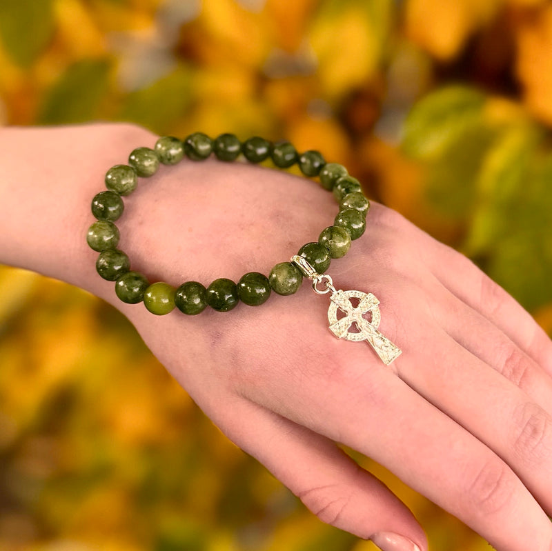 Celtic Cross Connemara Marble Stretch Bracelet