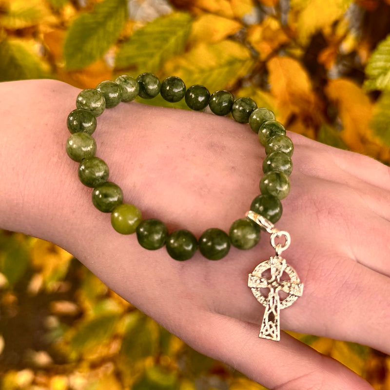 Celtic Cross Connemara Marble Stretch Bracelet