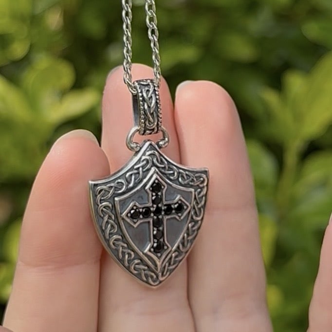 Men’s Silver Spinel Celtic Cross Shield Necklace