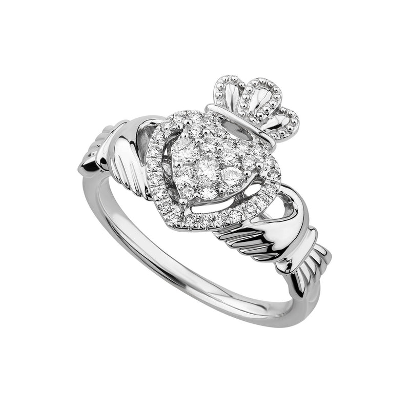 14K White Gold Diamond Heart Claddagh Ring