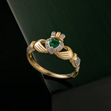 14K Gold Diamond and Emerald Claddagh Ring