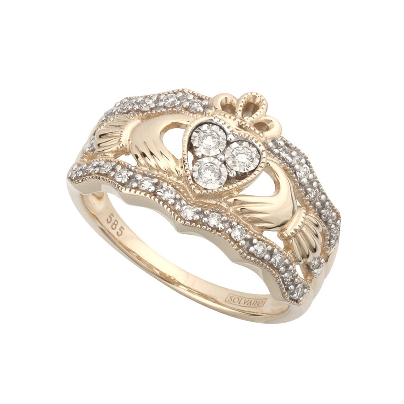 14K Gold Diamond Wide Claddagh Ring