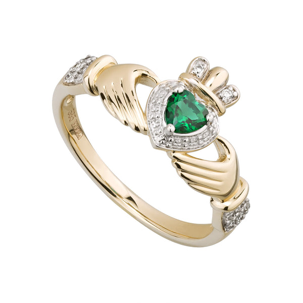 14K Gold Diamond and Emerald Claddagh Ring