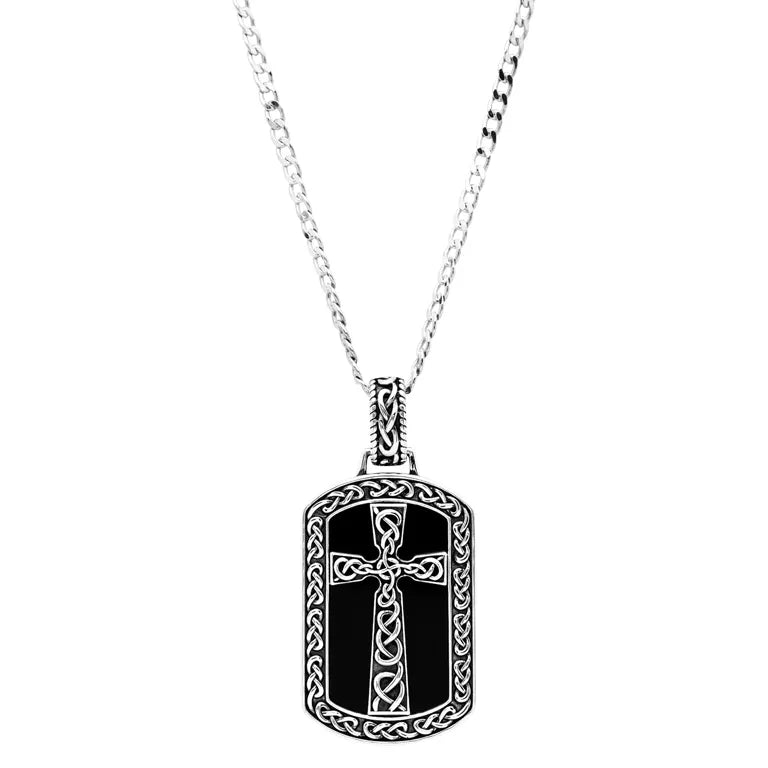 Large Sterling Silver Men’s Onyx Celtic Cross Dog Tag 2