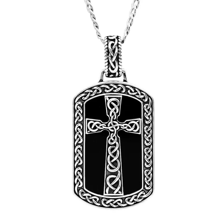 Large Sterling Silver Men’s Onyx Celtic Cross Dog Tag