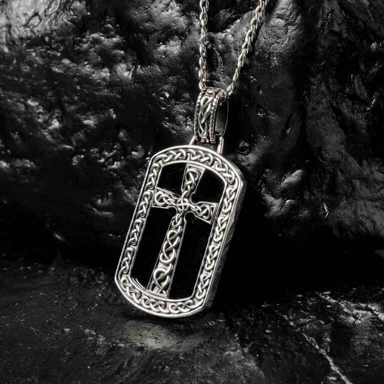 Large Sterling Silver Men’s Onyx Celtic Cross Dog Tag 3