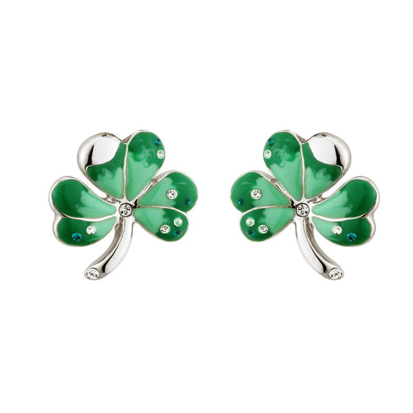 Aretes de trébol de esmalte de cristal con rodio