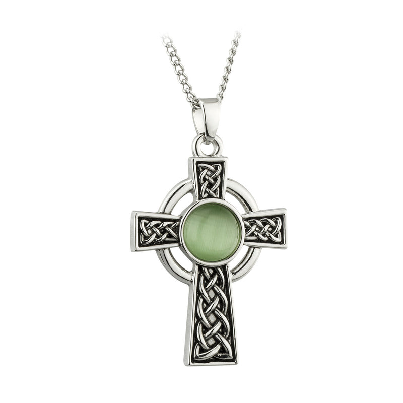 Rhodium Green Cat Eye Celtic Pendant Necklace