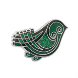 Broche de pájaro de esmalte verde con baño de rodio
