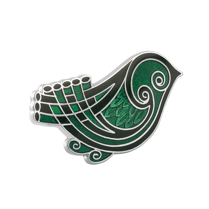 Broche de pájaro de esmalte verde con baño de rodio