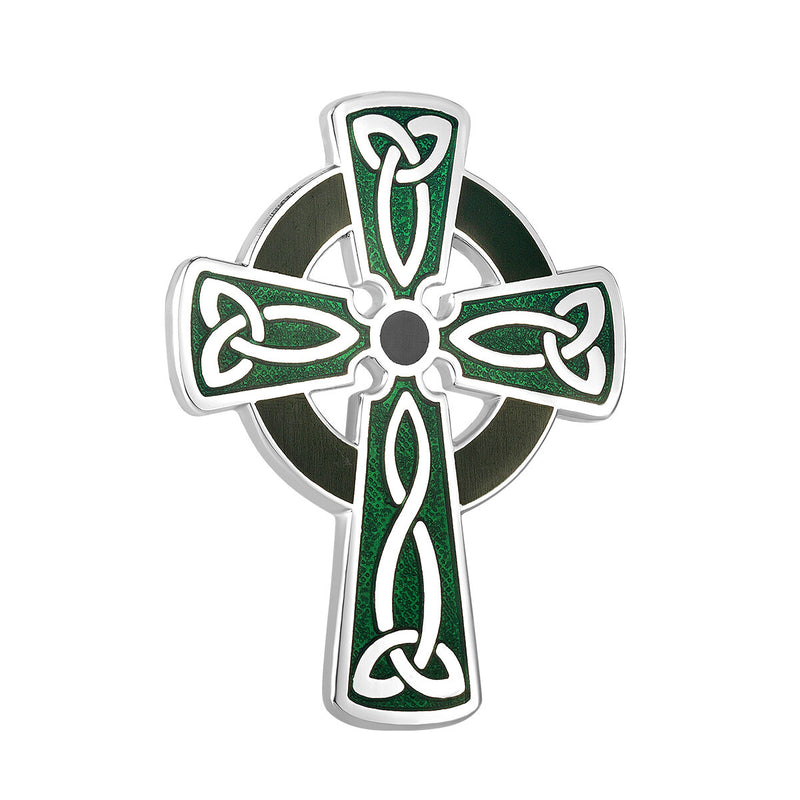 Broche de cruz celta de esmalte verde y rodio