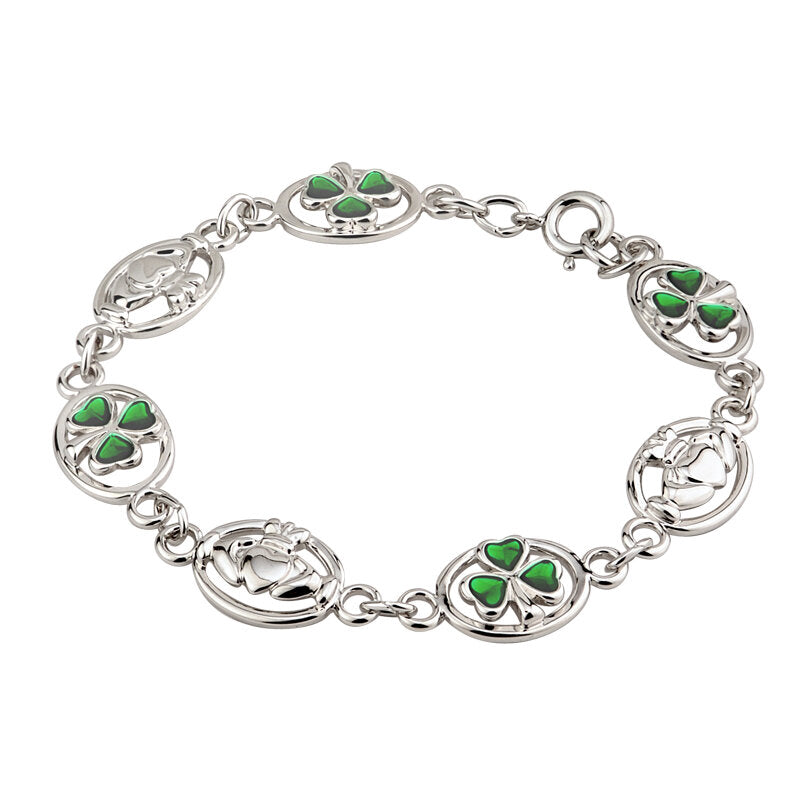 Pulsera de Claddagh y Trébol Esmaltada con Baño de Rodio