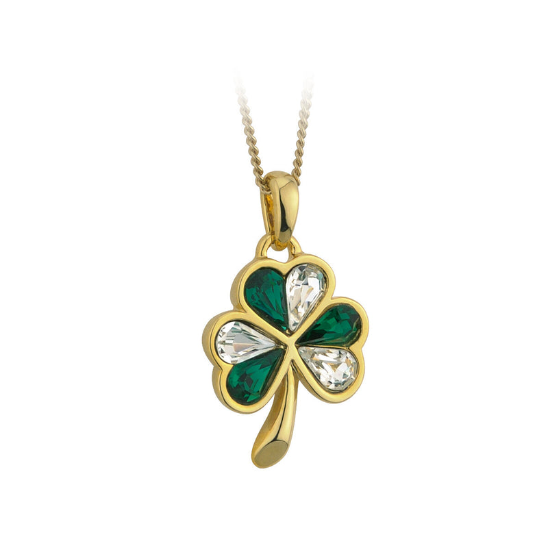 Rhodium Plated Green White Crystal Shamrock Pendant Necklace