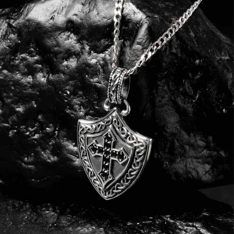 Sterling-Silver-Mens-Black-Spinel-Celtic-Cross-Shield-Necklace 2