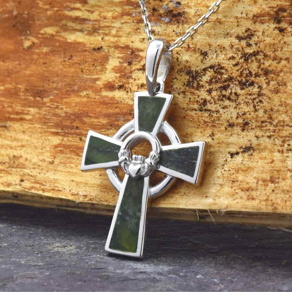 Silver Claddagh Center Connemara Marble Celtic Cross