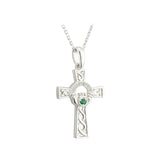 SILVER CLADDAGH CROSS PENDANT WITH GREEN CRYSTAL